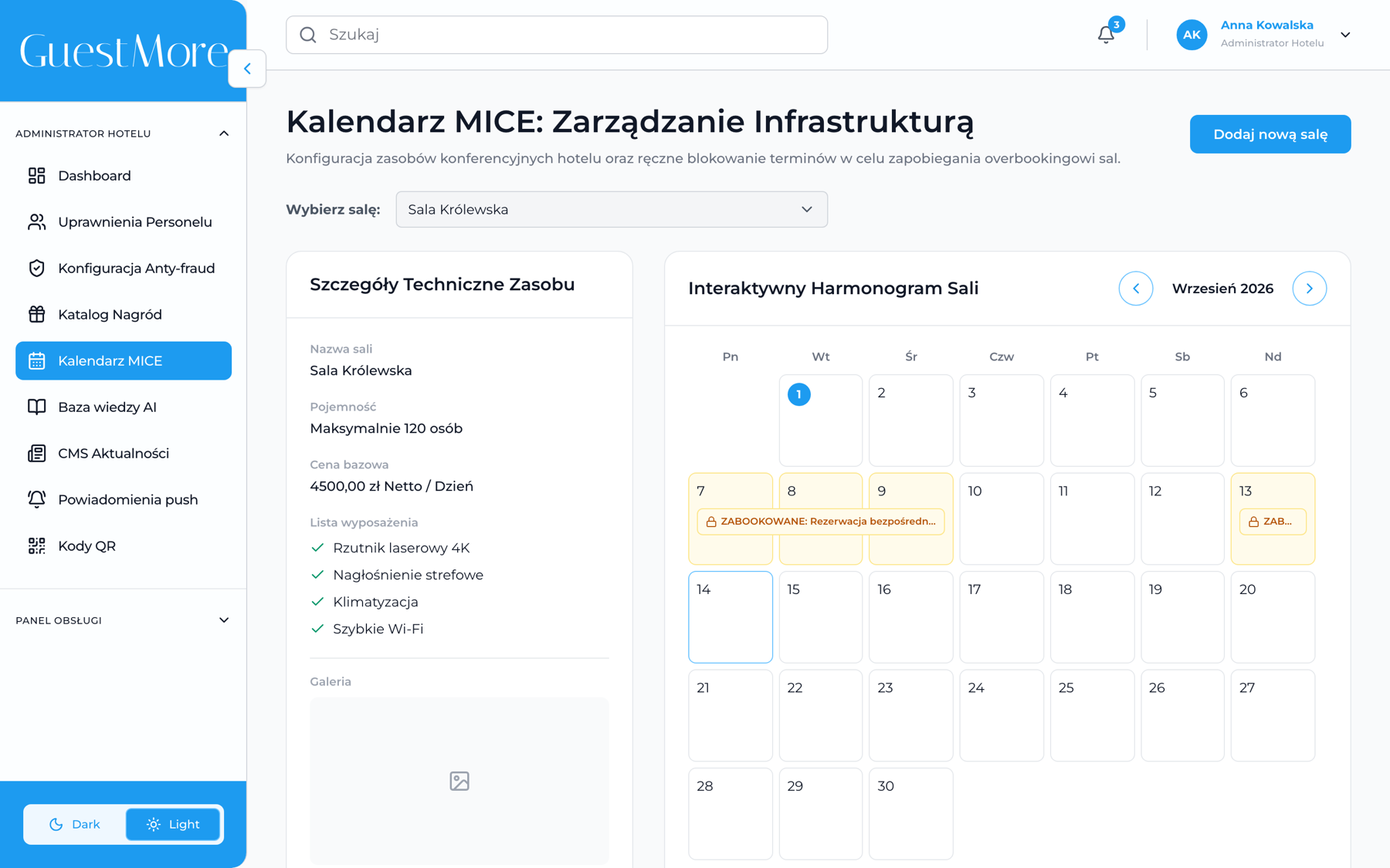 Kalendarz MICE i zarządzanie salami konferencyjnymi w Panelu GuestMore